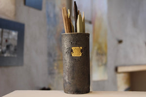 Raku ceramic pot with gold leaf 