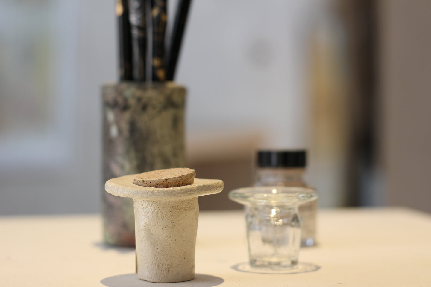 Stoneware inkwell with cork stopper